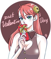 1girl 2025 absurdres aida_rayhunton aobito_sukoyaka_bystander blush breasts brown_background brown_shirt cleavage cleavage_cutout clothing_cutout commentary_request gift green_eyes gundam gundam_g_no_reconguista hair_ornament heart_cutout highres holding holding_gift lipstick long_hair looking_at_viewer makeup medium_breasts pink_hair red_lips red_nails shirt sleeveless sleeveless_shirt solo upper_body valentine
