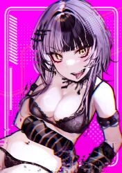 1girl absurdres arm_strap black_arm_warmers black_bra black_choker black_hair black_panties bra breasts choker cleavage grey_hair highres hololive hololive_english lace lace-trimmed_bra lace_trim long_hair looking_at_viewer medium_breasts multicolored_hair navel_piercing panties phazer_(phaazerofficial) piercing pink_background shiori_novella solo split-color_hair striped_arm_warmers teeth tongue tongue_out tongue_piercing two-tone_hair underwear upper_teeth_only yellow_eyes