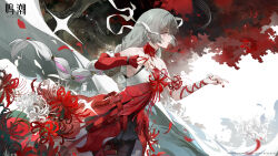 1girl absurdres bandaged_arm bandages bare_shoulders black_pantyhose black_skirt blood bloody_tears chinese_commentary closed_mouth commentary_request cowboy_shot detached_sleeves dress earrings flower from_side grey_hair halter_dress halterneck hands_up highres holding holding_flower jewelry logo long_hair looking_ahead musical_note nail_polish official_art pantyhose phrolova_(wuthering_waves) profile red_dress red_eyes red_nails single_detached_sleeve skirt solo spider_lily white_flower white_spider_lily wuthering_waves