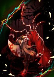 Rule 34 | 1girl, absurdres, blood, blood on clothes, blood on face, brown hair, claws, dress, e.g.o (project moon), eyeball, full body, highres, juliet sleeves, limbus company, long hair, long sleeves, project moon, puffy sleeves, red dress, red shoes, rodion (project moon), shoes, solo, spine, the red shoes (project moon), yatsumeunagi