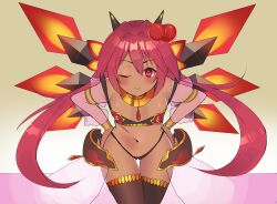 1girl absurdres black_panties brown_thighhighs dark_skin emil_chronicle_online hair_ornament hands_on_own_hips highres horingen horns leaning_forward long_hair looking_at_viewer low_twintails navel panties puzzle_&amp;_dragons red_eyes red_hair red_wings salamander_alma see-through_clothes see-through_sleeves thighhighs twintails underwear wings