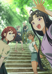 5girls absurdres ahoge awa_subaru black_hair black_shirt black_skirt blue_eyes blue_jacket blue_shirt blue_shorts brown_eyes brown_hair brown_shirt camouflage camouflage_pants closed_mouth clothes_around_waist commentary dappled_sunlight ebizuka_tomo english_commentary girls_band_cry green_pants grey_eyes grey_hair hand_on_own_hip highres iseri_nina jacket jacket_around_waist kawaragi_momoka long_hair low_twintails mole mole_under_eye multiple_girls off-shoulder_shirt off_shoulder open_mouth outdoors pants parted_bangs purple_eyes purple_shirt red_eyes shirt short_hair short_sleeves short_twintails shorts sidelocks skirt stairs summer_left sunlight teeth togenashi_togeari tree twintails upper_teeth_only white_shirt
