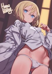1girl artist_name blonde_hair blue_eyes bow bow_panties breasts closed_mouth commentary_request glasses hand_up highres jacket long_sleeves looking_at_viewer navel no_pants paid_reward_available panties puddinghomhom shirt short_hair small_breasts solo strike_witches:_suomus_misfits_squadron underwear ursula_hartmann white_jacket white_panties white_shirt world_witches_series