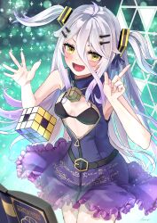 Rule 34 | 1girl, ahoge, ammo21204760, belt, bikini, black belt, black bikini, black bra, blush, book, bra, breasts, cleavage cutout, clothing cutout, cube, dress, frilled dress, frills, gradient hair, grey hair, hair between eyes, hair ornament, hair ribbon, hairclip, hairpin, henya the genius, highres, index finger raised, long bangs, long hair, looking at viewer, math, multicolored hair, open mouth, partially unzipped, purple dress, purple hair, purple ribbon, ribbon, roman numeral, sidelocks, sleeveless, sleeveless dress, small breasts, smile, solo, swimsuit, two side up, underwear, virtual youtuber, vshojo, yellow eyes, zipper, zipper pull tab