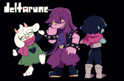 1boy 1girl 1other :d animal_ears barefoot black_background black_boots black_hair black_jacket black_pants boots brown_boots colored_sclera colored_teeth commentary_request copyright_logo deltarune facing_viewer fangs full_body furry furry_male glasses goat_boy goat_ears goat_horns green_robe grin highres horns jacket kris_(dark_world)_(deltarune) kris_(deltarune) long_hair looking_at_viewer nikorashi-ka one_eye_closed open_clothes open_jacket open_mouth pants purple_hair purple_pants purple_shirt ralsei red_scarf robe round_eyewear scarf semi-rimless_eyewear sharp_teeth shirt short_hair simple_background skin_fangs smile standing susie_(dark_world)_(deltarune) susie_(deltarune) teeth v-shaped_eyebrows yellow_sclera yellow_teeth