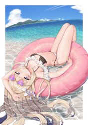 1girl absurdres amanogawa_shiina bikini black_bikini cloud flat_chest heart heart-shaped_eyewear highres innertube long_hair lying navel ocean on_back phase_connect purple_eyes side-tie_bikini_bottom sky sleepypudding smile solo stomach sunglasses swim_ring swimsuit virtual_youtuber wet wet_hair