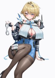 1girl absurdres arm_support black_bra black_gloves black_jacket black_pantyhose blonde_hair blue_eyes blue_skirt blush bra breast_curtains breasts cleavage closed_mouth commentary cropped_jacket erorange girls&#039;_frontline girls&#039;_frontline_2:_exilium gloves hair_between_eyes hair_intakes hair_ornament handcuff_dangle high_heels highres jacket large_breasts looking_at_viewer mole mole_under_eye nikketa_(girls&#039;_frontline_2) open_clothes open_jacket pantyhose partially_fingerless_gloves short_hair simple_background sitting skirt smile solo underwear vsk-94_(girls&#039;_frontline) walkie-talkie white_background