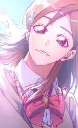 Rule 34 | 1girl, absurdres, bleach, blouse, bow, brown eyes, female focus, hair ornament, hairclip, highres, inoue orihime, karakura high school uniform, lips, long hair, looking at viewer, n (nauki 11), orange hair, red bow, school uniform, shirt, teeth, upper body
