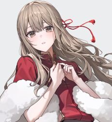 Rule 34 | 1boy, absurdres, as4 s2, brown eyes, brown hair, chinese clothes, commentary request, feather boa, hanaoka makoto, highres, korean commentary, long hair, looking at viewer, male focus, parted lips, red shirt, red shrug, senpai wa otokonoko, shirt, simple background, solo, trap, upper body, white background
