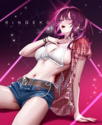 Rule 34 | 1girl, absurdres, arm support, artist name, belt, blush, bra, breasts, breath, brown belt, commentary, cosplay, denim, denim shorts, fingernails, hand on own chest, highres, honkai: star rail, honkai (series), kafka (honkai: star rail), kwon eun-bi, kwon eun-bi (cosplay), large breasts, long hair, looking at viewer, nail polish, navel, open clothes, open mouth, open shirt, paid reward available, pink background, pink nails, ponytail, purple eyes, purple hair, real life, red shirt, ringeko-chan, shirt, shorts, solo, stomach, thighs, underwear, white bra