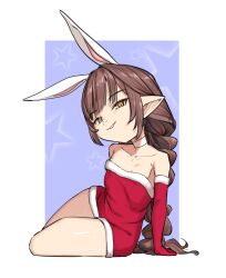 1girl animal_ears bare_shoulders braid breasts brown_hair dress elbow_gloves fake_animal_ears gloves granblue_fantasy haaselia harvin long_hair looking_at_viewer pointy_ears rabbit_ears red_dress santa_costume santa_dress sitting small_breasts smile solo very_long_hair yellow_eyes yggsil