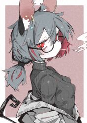 Rule 34 | 1girl, absurdres, ahoge, alternate costume, alternate hairstyle, animal ear fluff, animal ear piercing, animal ears, bespectacled, black eyes, black sweater, black tail, border, breasts, bright pupils, cigarette, closed mouth, colored inner hair, commentary request, deal360acv, expressionless, glasses, grey hair, grey jacket, hair tie, half-closed eyes, highres, jacket, light blush, low ponytail, medium hair, mouse ears, mouse girl, mouse tail, mouth hold, multicolored hair, nazrin, notched ear, off shoulder, pink background, ponytail, profile, red eyes, red hair, red streaks, ribbed sweater, semi-rimless eyewear, sideways glance, simple background, small breasts, smoke, smoke trail, smoking, solo, sweater, tail, tail raised, touhou, turtleneck, turtleneck sweater, two-tone hair, under-rim eyewear, upper body, white border, white pupils