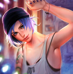 1girl beanie black_bra black_hat blue_eyes blue_hair blue_nails bra bra_strap chloe_price dzikawa hat highres indoors life_is_strange_(series) life_is_strange_1 looking_at_viewer short_hair solo tank_top underwear upper_body white_tank_top
