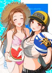 2girls aerith_gainsborough aerith_gainsborough_(sunny_robe) ball baseball_cap beachball belt bikini bikini_under_clothes black_bikini black_hair blush breasts brown_hair commentary_request cowboy_shot final_fantasy final_fantasy_vii final_fantasy_vii_ever_crisis fingerless_gloves food fruit gloves hat highres holding holding_ball holding_plate large_breasts long_hair looking_at_viewer midriff multiple_girls nalu navel official_alternate_costume open_mouth parted_bangs pink_bikini plate red_eyes see-through_clothes see-through_shirt shirt side-tie_bikini_bottom sidelocks small_breasts smile straw_hat summer swimsuit tied_shirt tifa_lockhart tifa_lockhart_(lifeguard) twitter_username upper_body watermelon watermelon_slice white_shirt yellow_gloves