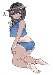 1girl barefoot bikini black_hair blue_bikini breasts dated hair_flaps hair_ornament hairclip heart highres jingei_(kancolle) jingei_(swimsuit)_(kancolle) kantai_collection kirisawa_juuzou kneeling large_breasts long_hair looking_at_viewer low_ponytail official_alternate_costume ponytail red_eyes simple_background solo speech_bubble swimsuit tan tanline thought_bubble white_background