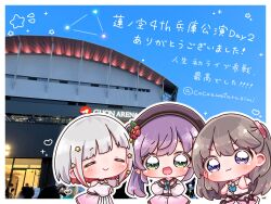 3girls 4th_live_dream_~bloom_the_dream_believers~ :&gt; :3 :d =_= blush border brown_choker chibi chibi_only choker closed_eyes closed_mouth collared_dress colored_inner_hair commentary_request dream_believers dress flower frilled_dress frills fujishima_megumi fukune_koko green_eyes grey_hair hair_bun hair_flower hair_ornament heart highres kobe link!_like!_love_live! long_sleeves looking_at_viewer love_live! multicolored_hair multiple_girls open_mouth otomune_kozue outside_border photo_background pink_dress purple_eyes purple_hair raised_inner_eyebrows red_flower red_hair short_eyebrows short_hair side_ponytail single_side_bun smile star_(symbol) star_hair_ornament streaked_hair thank_you translation_request twitter_username two_side_up v-shaped_eyebrows virtual_youtuber white_border yugiri_tsuzuri