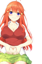 1girl absurdres ahoge blue_eyes blush breasts cleavage clothes_pull collarbone collared_shirt commentary_request cowboy_shot eyebrows_hidden_by_hair gluteal_fold go-toubun_no_hanayome green_skirt hair_intakes hair_ornament hands_on_own_stomach heart heart_hands highres inanaki_shiki large_breasts long_hair looking_at_viewer nakano_itsuki navel partially_unbuttoned pleated_skirt red_hair red_sweater red_sweater_vest school_uniform shadow shirt short_sleeves sidelocks simple_background skirt smile solo star_(symbol) star_hair_ornament sweater sweater_pull sweater_vest uterus_pose white_background white_shirt