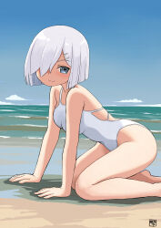Rule 34 | 1girl, absurdres, alternate costume, beach, blue eyes, blush, breasts, commentary request, day, grey hair, hair ornament, hair over one eye, hairclip, hamakaze (kancolle), highres, kantai collection, large breasts, looking at viewer, one-piece swimsuit, sand, short hair, solo, swimsuit, toplow, water, white one-piece swimsuit