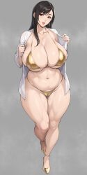 1girl bikini black_hair breasts cameltoe cleavage collarbone commentary_request curvy final_fantasy final_fantasy_vii gold_bikini grey_background high_heels highres large_breasts lips long_hair long_sleeves looking_at_viewer mature_female nanabe_78 navel parted_lips plump red_eyes shirt sidelocks simple_background smile solo standing sweat swimsuit thick_thighs thighs tifa_lockhart underboob white_shirt