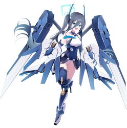 1girl :d absurdres aqua_eyes aqua_halo aqua_necktie aqua_pupils aris_(blue_archive) aris_(mecha_suit)_(blue_archive) bare_shoulders black_leotard black_skirt black_thighhighs blue_archive blue_leotard blush breasts bright_pupils covered_navel floating_hair full_body grey_hair groin hair_between_eyes halo highleg highleg_leotard highres leg_up leotard light_particles long_bangs long_hair long_hair_between_eyes long_sidelocks looking_at_viewer mecha_musume mechanical_legs mechanical_wings medium_breasts miniskirt multicolored_leotard necktie open_mouth pleated_skirt rectangular_halo ringed_eyes shanguangyaoye showgirl_skirt sidelocks simple_background skirt smile solo teeth thighhighs thighs twintails upper_teeth_only very_long_hair white_background white_leotard wings