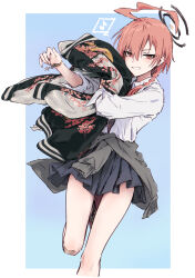 1girl ahoge black_halo black_jacket blue_archive blue_background border braid bullfalk cardigan cardigan_around_waist clothes_around_waist collared_shirt commentary dress_shirt foot_out_of_frame grey_cardigan grin hair_between_eyes hair_over_one_eye halo highres holding holding_jacket holding_unworn_clothes huge_ahoge jacket leg_up letterman_jacket looking_at_viewer neru_(blue_archive) orange_eyes orange_hair outside_border shirt short_hair_with_long_locks side_braid simple_background sleeves_rolled_up smile solo standing standing_on_one_leg symbol-only_commentary three-quarter_sleeves unworn_jacket white_border white_shirt