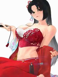 1girl armor bare_shoulders black_hair breasts chainmail crop_top fatal_fury hand_fan highres holding holding_fan looking_at_viewer official_alternate_costume official_alternate_hairstyle pants parted_bangs puffy_pants red_nails red_pants shiranui_mai simple_background smile snk solo straight_hair strapless street_fighter street_fighter_6 the_king_of_fighters uixy white_background