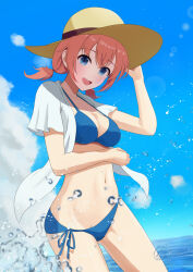 1girl alternate_costume alternate_hairstyle bikini blue_bikini blue_eyes blush breasts cleavage collarbone commentary_request day hand_up hat highres horizon kashiiyou looking_at_viewer low_twintails medium_breasts navel ocean open_clothes open_mouth open_shirt orange_hair outdoors shirt short_hair side-tie_bikini_bottom signature sky solo splashing sun_hat swimsuit twintails water white_shirt yahari_ore_no_seishun_lovecome_wa_machigatteiru. yuigahama_yui
