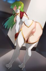 Rule 34 | 1girl, 2024, ass, blush, boots, breasts, c.c., censored, code geass, female focus, gloves, green hair, hands on own knees, indoors, leaning forward, long hair, medium breasts, no panties, shiny skin, tamamoice, thigh boots, white gloves, yellow eyes