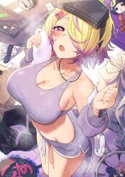 1girl bare_shoulders blonde_hair breasts cleavage collarbone commentary_request from_above hair_over_one_eye hands_up highres holding holding_towel indoors jacket large_breasts long_sleeves looking_at_viewer mole mole_on_breast multicolored_hair navel open_mouth pink_eyes purple_hair purple_jacket purple_shorts purple_sports_bra sample_watermark sashisugi_aisu shinsougumi short_hair shorts solo sports_bra steaming_body sweat tarou_(komekueyo) towel two-tone_hair virtual_youtuber watermark