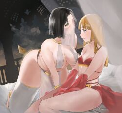 absurdres black_hair blonde_hair blue_eyes breasts commission dancer emodelas flag flat_chest green_eyes harem_outfit highres irene_(ricky_barnes) large_breasts maya_(ricky_barnes) middle_eastern_architecture mouth_veil on_bed original pixiv_commission revealing_clothes veil wife_and_wife yd_dancer_outfit yuri