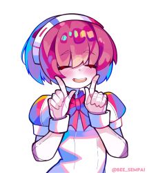 1girl android bare_arms bee_sempai blush closed_mouth commentary dorothy_haze english_commentary fangs hairband highres joints open_mouth pink_hair shirt short_hair short_sleeves smile solo upper_body va-11_hall-a white_background wrist_cuffs