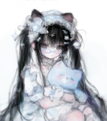 1girl :o animal_collar animal_ears artist_self-insert bell belt_buckle bespectacled black_hair blue-framed_eyewear blue_dress blue_flower blue_hairband blue_ribbon blue_rose buckle buttons cat_ears cat_hair_ornament chinese_commentary collar commentary_request cowboy_shot cross cross_hair_ornament cross_print dress flower frilled_dress frilled_hairband frilled_socks frills glasses gloves grey_collar grey_eyes hair_between_eyes hair_ornament hair_ribbon hairband hairclip heart heart_hair_ornament highres holding holding_stuffed_toy huahua_he_fafa_de_xiao_penzai hugging_object kneehighs light_blush long_hair looking_at_viewer medium_dress neck_bell original parted_lips pill_hair_ornament plaid_hairband puffy_short_sleeves puffy_sleeves ribbon rose short_sleeves sidelocks simple_background single_kneehigh single_sock sitting socks solo sparkle stuffed_fox stuffed_toy twintails very_long_hair white_background white_gloves white_ribbon white_socks wrist_flower
