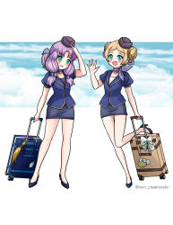2girls alternate_costume alternate_hairstyle blonde_hair breasts commission double_bun fire_emblem fire_emblem:_the_blazing_blade fire_emblem_awakening flight_attendant florina_(fire_emblem) hair_bun lissa_(fire_emblem) multiple_girls nintendo purple_hair rein_creamsoda small_breasts travel_attendant