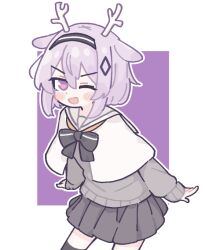 1girl animal_ears antlers ausonlee blush bow bowtie horns one_eye_closed original purple_eyes purple_hair school_uniform smile