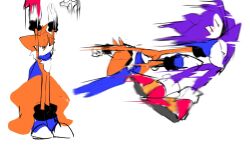 animal_ears black_eyes fighting fox fox_boy fox_ears fox_tail friday_night_funkin&#039; furry furry_male gloves hedgehog hedgehog_boy highres luther mr._needlemouse orange_fur purple_hair quill red_eyes scarf shoes sonic_(series) tail usa37107692