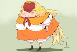1girl animal animal_on_head baby_animal bird bird_on_head bird_tail bird_wings black_boots blonde_hair blush boots chick closed_eyes closed_mouth commentary_request dated fat full_body green_background multicolored_hair niwatari_kutaka on_head onikobe_rin orange_skirt red_hair shirt short_hair skirt smile solo tail touhou two-tone_hair white_shirt wings