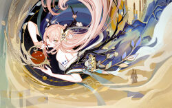 1girl arm_tattoo black_horns closed_mouth dress eyelashes fingernails flower hair_between_eyes hair_ornament highres horns lips long_hair looking_at_viewer nail_polish original pink_flower pink_hair red_nails shan_gui_yu_yao smile solo tattoo