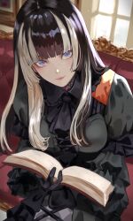 1girl absurdres black_dress black_gloves black_hair blue_eyes blunt_bangs book couch dhbwinner dress gloves green_dress highres holding holding_book hololive hololive_dev_is juufuutei_raden juufuutei_raden_(1st_costume) light_smile long_hair multicolored_hair on_couch open_book pink_lips puffy_sleeves sitting solo streaked_hair two-tone_dress virtual_youtuber white_hair