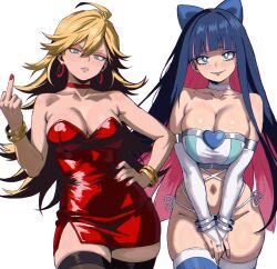 Rule 34 | 2girls, bare shoulders, black thighhighs, blonde hair, blue eyes, blue hair, blunt bangs, bow, bracelet, breasts, breasts squeezed together, choker, cleavage, collarbone, colored inner hair, dress, earrings, enji masterpie, eyeshadow, hair bow, halo, hand on own hip, highres, hoop earrings, huge breasts, jewelry, large breasts, long hair, looking at viewer, makeup, medium breasts, middle finger, multicolored hair, multiple girls, nail polish, panty &amp; stocking with garterbelt, panty (psg), pink eyeshadow, pink hair, purple nails, red choker, red dress, red nails, short dress, siblings, side slit, simple background, sisters, smile, stocking (psg), strapless, strapless dress, striped clothes, striped leggings, striped thighhighs, thighhighs, traditional halo, tube top, two-tone hair, white background
