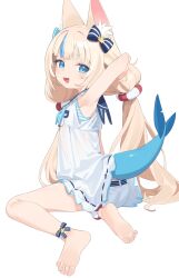 Rule 34 | 1girl, absurdres, animal ears, arm up, armpits, barefoot, bikini, black bow, blonde hair, blue bikini, blue eyes, blue hair, bow, cat ears, commentary, dress, fins, fish girl, fish tail, hair bow, highres, indie virtual youtuber, kaniman, lifebuoy hair ornament, long hair, looking at viewer, multicolored bikini, multicolored hair, open mouth, sameko saba, shorts, simple background, sitting, sleeveless, sleeveless dress, smile, solo, streaked hair, striped bikini, striped clothes, swimsuit, symbol-only commentary, tail, teeth, tongue, twintails, upper teeth only, virtual youtuber, white background, white bikini, white dress, white shorts
