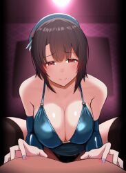 1boy 1girl animated animated_gif aqua_hat aqua_sleeves black_hair black_panties black_thighhighs breasts commission detached_sleeves girl_on_top hat hetero kantai_collection katsuten large_breasts looking_at_viewer nipple_stimulation nipple_tweak panties pov red_eyes short_hair skeb_commission solo_focus takao_(kancolle) thighhighs underwear