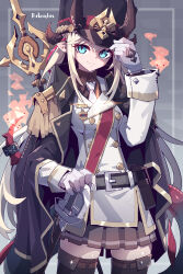 1girl absurdres ammunition_pouch aqua_eyes arknights belt blazer blonde_hair boots breasts brown_shirt coat collared_shirt gloves hat highres imazawa jacket long_hair military_uniform necktie pleated_skirt pointy_ears pouch reed_(arknights) shako_cap shirt skindentation skirt small_breasts smile solo standing sword thigh_boots thighhighs very_long_hair weapon white_gloves white_necktie zettai_ryouiki