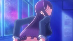 1girl animated anime_screenshot ass blue_jacket blue_skirt butt_crack from_behind haite_kudasai_takamine-san highres jacket long_sleeves panties purple_hair red_eyes school_uniform shirt side-tie_panties sidelocks skirt sound tagme takamine_takane thighs underwear video white_panties white_shirt