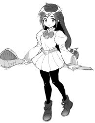 1girl black_pantyhose boots bow bowtie breasts closed_mouth collared_dress dede_(qwea_00000) dress final_fantasy final_fantasy_ix full_body garnet_til_alexandros_xvii highres holding holding_staff juliet_sleeves long_hair long_sleeves low-tied_long_hair medium_breasts pantyhose puffy_long_sleeves puffy_sleeves short_dress sketch smile solo staff white_background