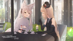2girls :d ^_^ ahoge animal_ear_fluff animal_ears bare_shoulders black_gloves black_hat black_ribbon black_skirt black_sleeves black_vest blush breasts brown_eyes closed_eyes collared_shirt commentary_request coreytaiyo cup dated detached_sleeves dress_shirt food fox_ears fox_girl fox_tail fruit gloves grey_hair hair_between_eyes hat highres holding holding_spoon light_brown_hair long_sleeves mini_hat mini_top_hat multiple_girls neck_ribbon open_mouth original parfait puffy_long_sleeves puffy_sleeves ribbon saucer shirt signature skirt sleeveless sleeveless_shirt small_breasts smile spoon steam strawberry sweater tail tilted_headwear top_hat translation_request turtleneck turtleneck_sweater twintails vest white_shirt white_sweater