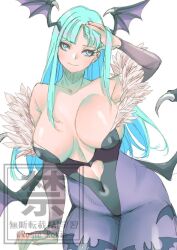 1girl adjusting_hair animal_print bare_shoulders bat_print black_leotard breasts cleavage clothing_cutout collarbone cowboy_shot cutout_above_navel darkstalkers demon_girl demon_wings green_eyes green_hair grey_background head_wings heart_cutout large_breasts leotard long_hair morrigan_aensland multiple_wings pantyhose print_pantyhose purple_pantyhose rosie_rosie simple_background solo watermark wings