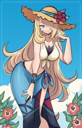 1girl bikini blonde_hair blue_sarong blue_sky breasts brown_hat closed_mouth cloud cloudy_sky crop_top cynthia_(pokemon) cynthia_(summer_2025)_(pokemon) flower flower_hat grey_eyes hair_flower hair_ornament hair_over_one_eye hat hat_flower highres long_hair looking_at_viewer missandydandy navel nintendo official_alternate_costume outdoors pokemon pokemon_masters_ex sarong shirt sky smile solo straw_hat sun_hat swimsuit tied_shirt very_long_hair
