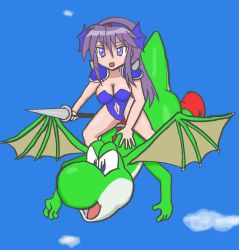 1girl blue_leotard blue_sky breasts cleavage flying girl_and_dragon highleg highleg_leotard highres hiiragi_miki leotard lucky_star purple_hair sky yoshi