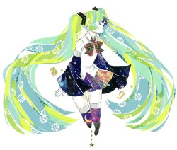 39 alternate_eye_color aqua_hair arms_at_sides bare_shoulders black_boots black_skirt black_sleeves blonde_hair blonde_streaks blunt_bangs boots bow bowtie brown_bow brown_bowtie brown_eyes collared_shirt commentary floating_hair forced_perspective full_body green_hair green_streaks hair_ornament hatsune_miku highres jumping long_hair long_sleeves masking_tape_(medium) miniskirt multicolored_hair plaid_bow plaid_bowtie plaid_clothes poncho_(ponpontyo_8) profile shirt simple_background skirt sleeveless sleeveless_shirt star_(sky) star_(symbol) star_print starry_sky_print streaked_hair thigh_boots thighhighs unconventional_media very_long_hair vocaloid white_background white_shirt wide_sleeves zettai_ryouiki