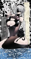 Rule 34 | 1girl, 2b (yorha unofficial waterfront gear) (nikke), absurdres, black flower, black hairband, black rose, black thighhighs, blindfold, breasts, flower, goddess of victory: nikke, hairband, highres, kinakomochi (user vedc2333), mole, mole under mouth, nier:automata, nier (series), official alternate costume, rose, single thighhigh, solo, swimsuit, thighhighs, white hair